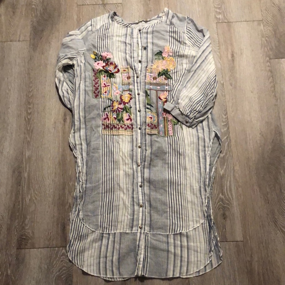 Anthropologie Striped Embroidered Top